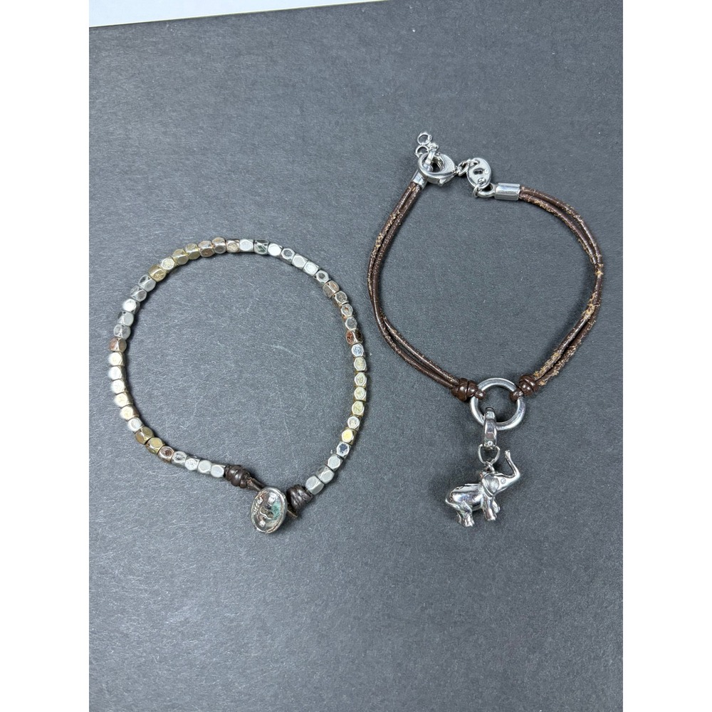 Fossil Bracelet Set Elephant Charm Beaded Mixed Metal Leather Brown Silver Tone